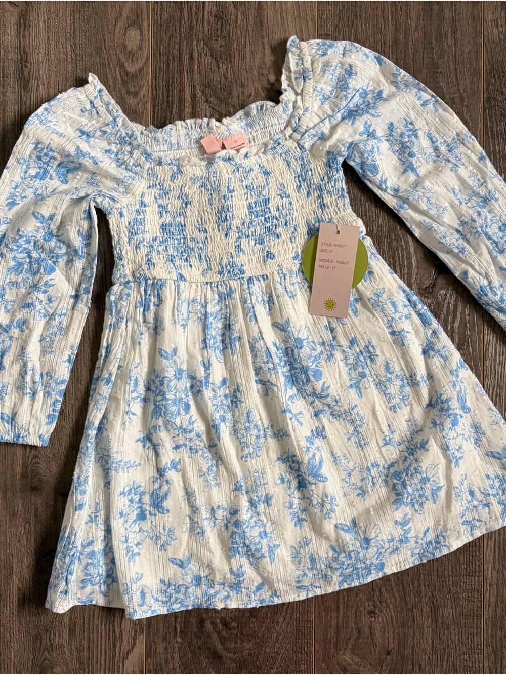 White & Light Blue Floral Smocked Toddler Girls' Dress 2T